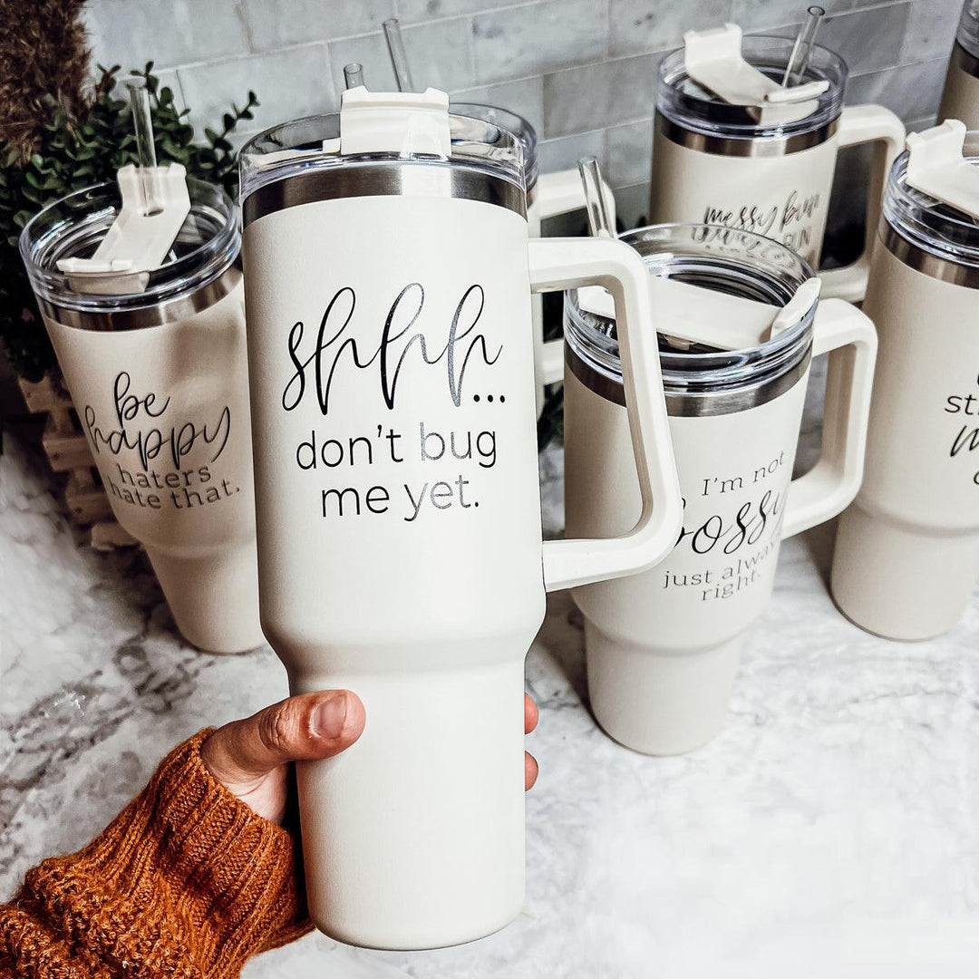 Coffee Mug Funny, Large Cups With Lids, Coffee Mugs With Handles, 40oz  Quencher Tumbler in Beige, Mugs With Funny Sayings for Mom, Messy Bun 