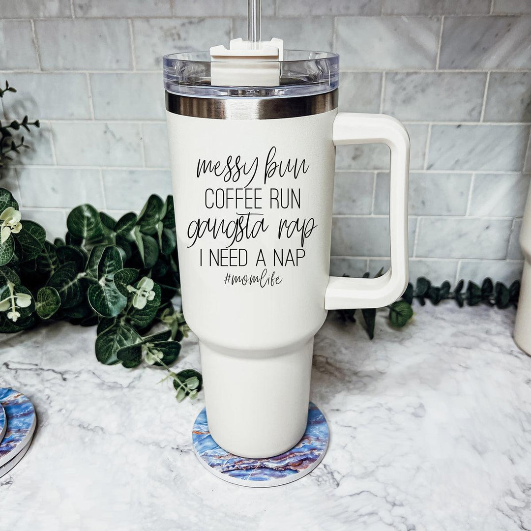 Travel Mugs with Handle, Lid and Straw in Cream - Funny Mom Mugs