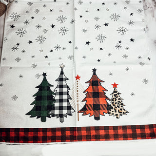 Gingham Christmas dish towel with hand-drawn snowflakes and festive designs
Holiday kitchen towel with red and black gingham trim and Christmas tree patterns