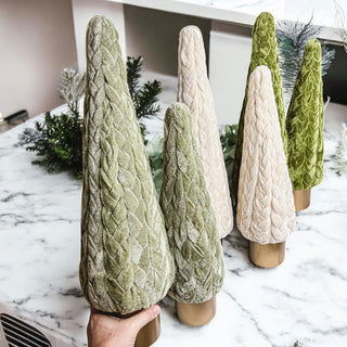 Elevate Holiday Style with Large Velvet Christmas Trees in Green and Cream
Sophisticated Mantle Decor – Faux Velvet Christmas Trees with Luxe Gold Base