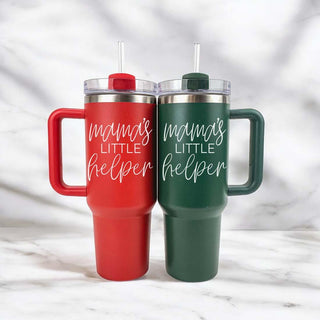 Red and Green 40 oz Travel mugs with lid and straw.  
Funny Large tumblers for parents. 
Funny gift to give my mom this Christmas