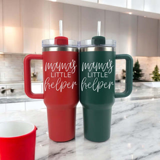 Mom's Little Helper Oversized Travel mugs with handle. Double Wall tumblers with lid and straws. 