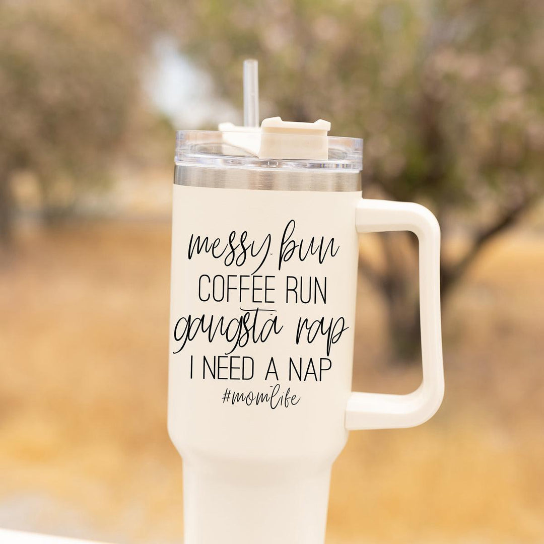 Travel Mugs with Handle, Lid and Straw in Cream - Funny Mom Mugs